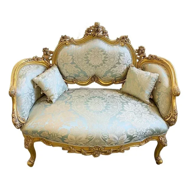 1980s French Style Dark Sky Blue Sofa Vintage Wedding Sofa