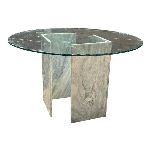 1980s Geometric Marble Table and Scalloped Glass Top