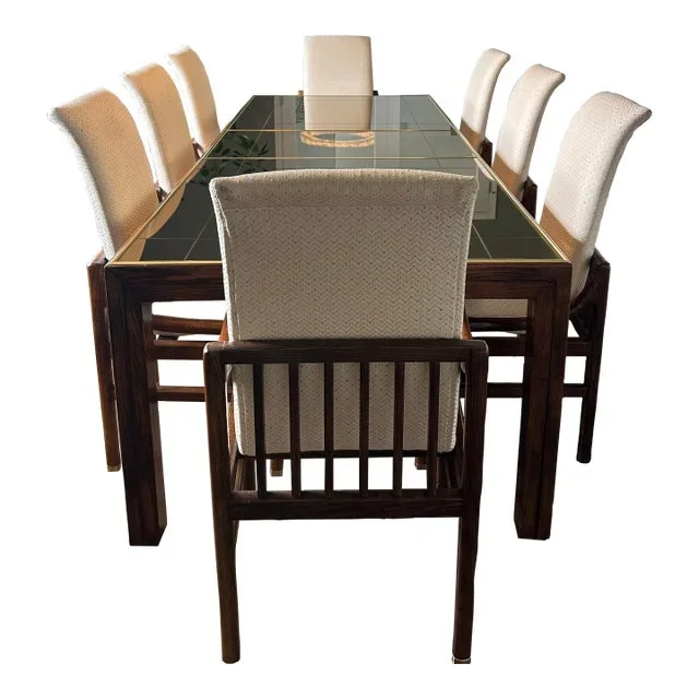 1980s Henredon Scene One Mid-Century Modern Walnut & Mirrored Expanding Dining Table With 8 Chairs – Set of 9