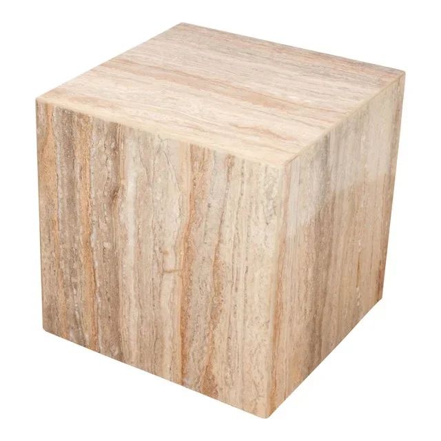 1980s Italian Polished Travertine Cube Side Table