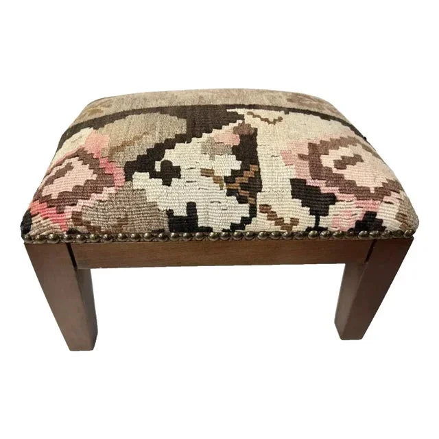 1980s Kilim Wool Rug Rectangular Short Foot Leg Stool