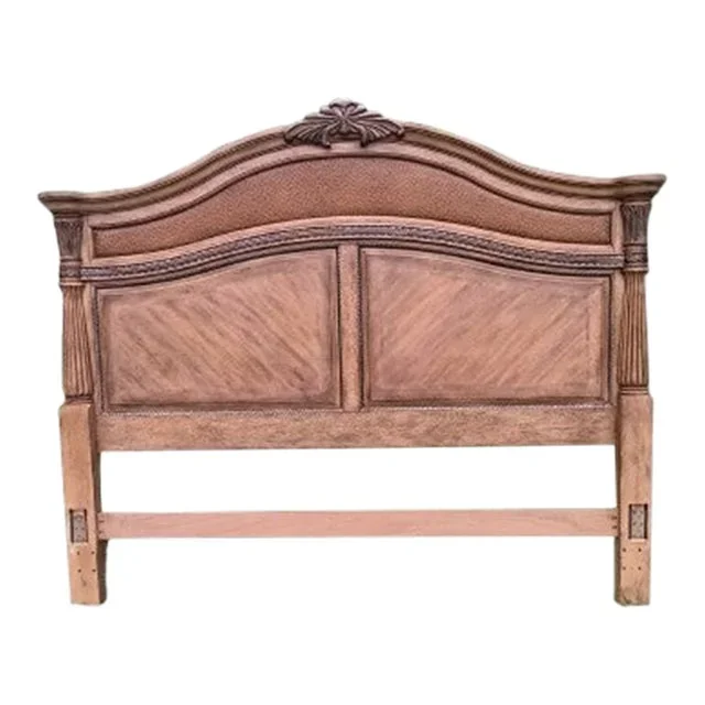 1980s King Wood Headboard Maple Leather Detail Traditional Style
