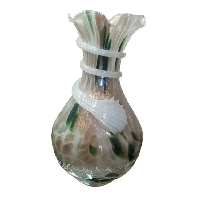 1980s Murano Style Aventurine Art Glass Vase With Applied Rigaree