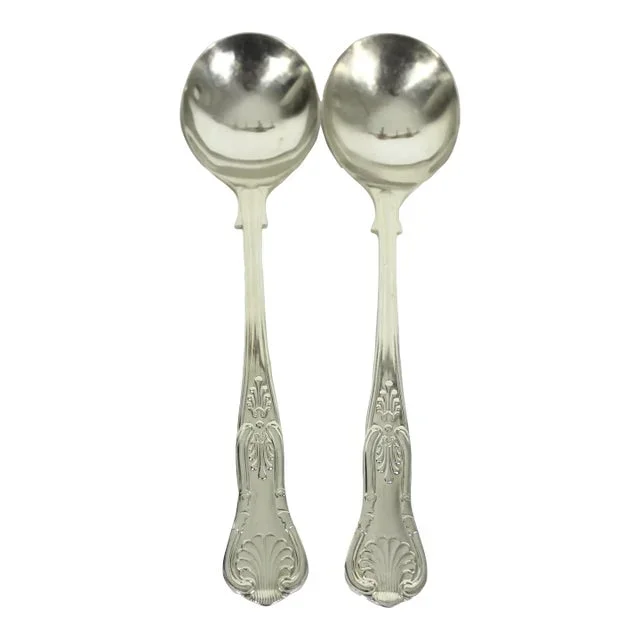1980s Newbridge Kings Shell Pattern Silverplate Large Serving Spoons- Set of 2