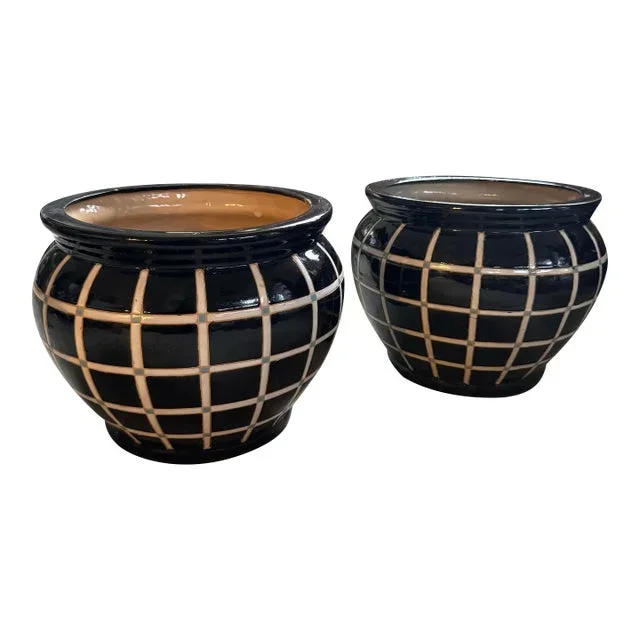 1980s Postmodern Grid Etched Large Ceramic Glazed Planters – Set of 2