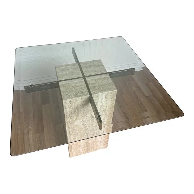 1980s Postmodern Side/Coffee Table by Artedi – Travertine Base, Gold X Support, Beveled Glass Top