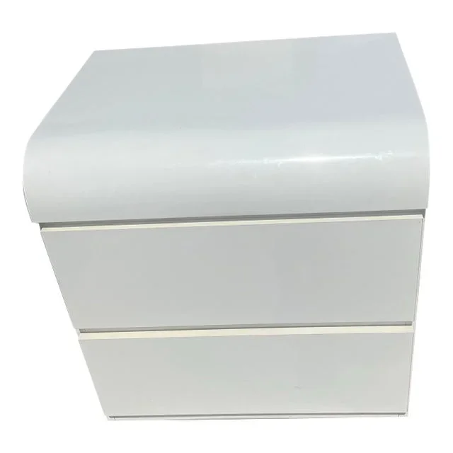 1980s Postmodern White Gloss Laminate Waterfall 2 Drawer Nightstand