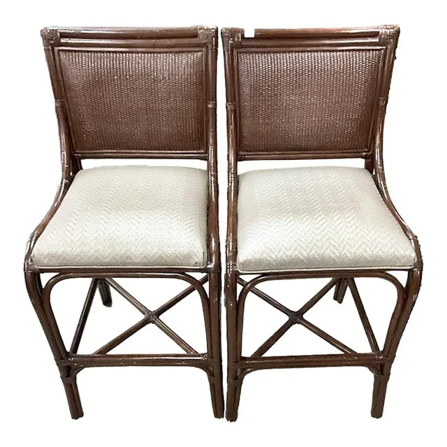 1980s Rattan Bamboo and Wicker Bar Stool Chairs, a Pair