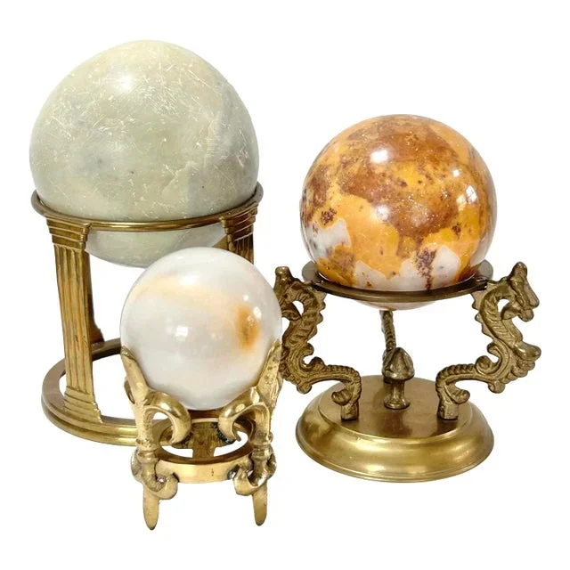 1980s Stone Spheres on Brass Pedestal – Set of 3