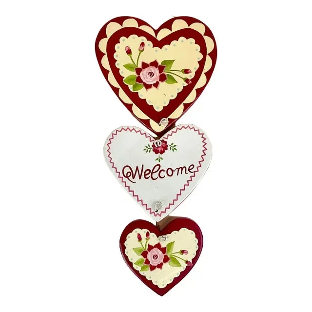 1980s Vintage Boho Chic Arts & Crafts Valentine Stacked Hearts Welcome Sign