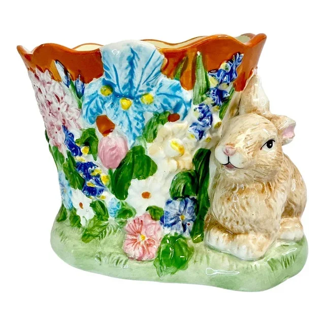 1980s Vintage Boho Chic Hollywood Regency Ceramic Bunny & Flora Planter