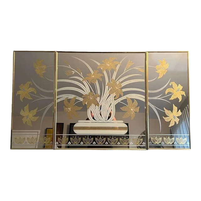 1980s Vintage Postmodern Brass Plant Wall Mirror Set- 3 Pieces
