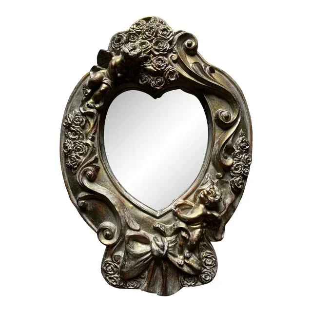1980s Vintage Wall Mirror With Cupids Cherubs Heart Shaped Mirror