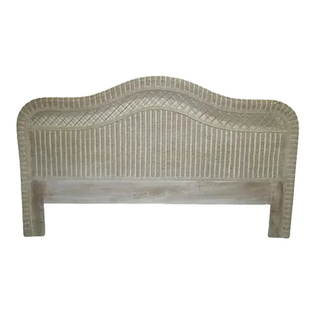 1980s Wicker Rattan King Headboard Whitewash Coastal Boho Shabby Chic