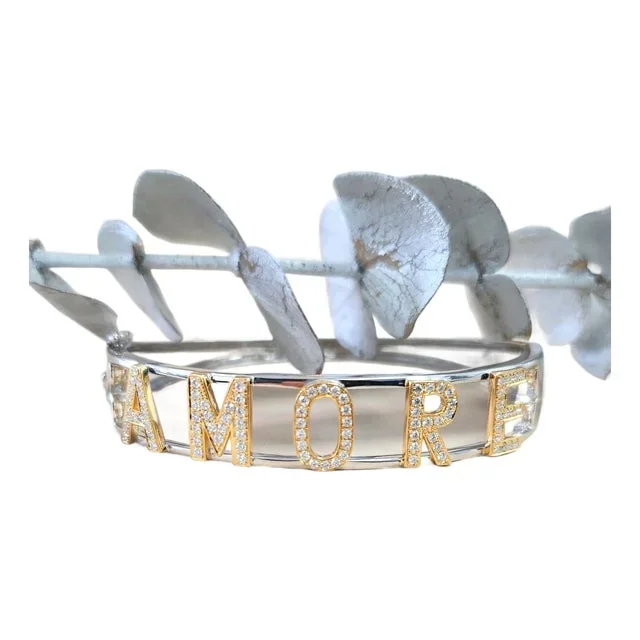 1990s 14k 2Tone Gold Life Is “Amore” Diamond Bangle Braclet