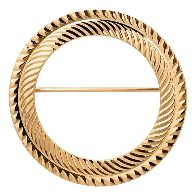 1990s 14k Yellow Gold Circle Brooch With Etched Accents