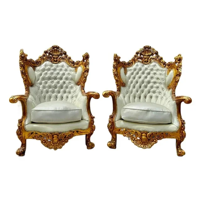 1990s Baroque Style King Size Off-White Leather Chair With Gold Leaf Frame Details