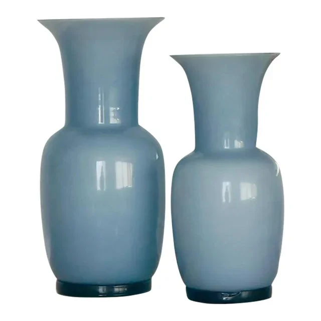1990s Fulvio Bianconi Limited Edition Pair of Venini Murano “Opalini” Vases in White and Dove Gray Glass. Original Label and Box