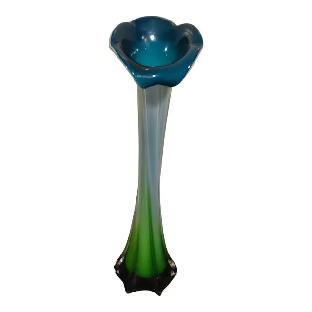 1990s Hand Blown Green & Teal Art Glass Jack in the Pulpit Calla Lily Style Vase