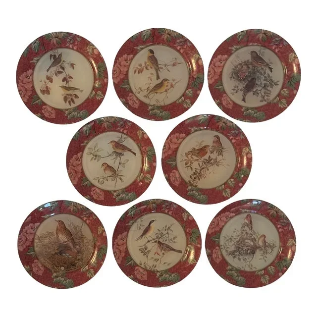 1990s Handmade Decoupage Bird Plates- Set of 8