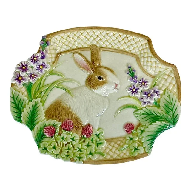 1990s Hollywood Regency Majolica Bunny Wall Plate, Fitz & Floyd.