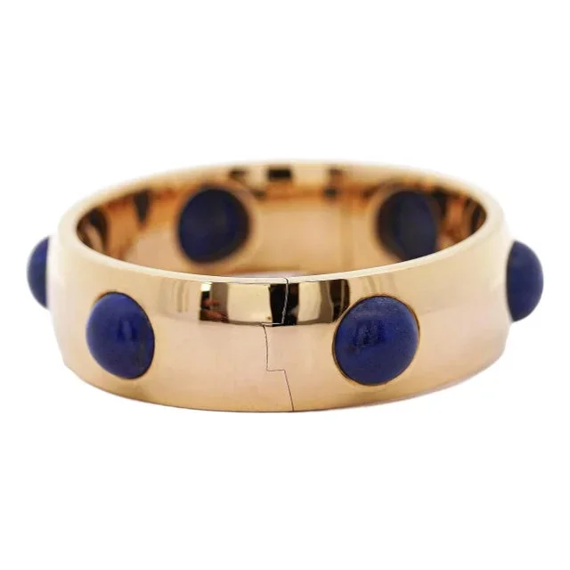 1990s Lapis Lazuli Flush Set 18k Gold Bangle Bracelet
