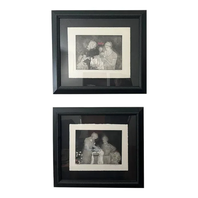 1990s Pair of Beautifully Framed Etchings of Women by American Artist Sydney Helfman