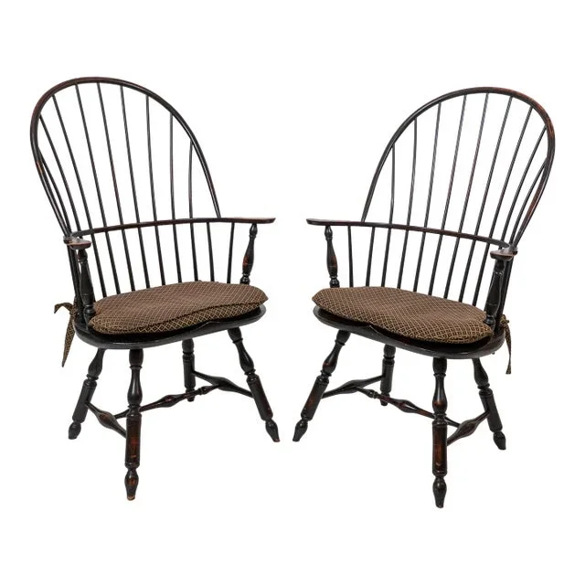 1990s Pair of d.r. Dimes Windsor Bowback Arm Chairs in Black Crackle With Custom Cushions