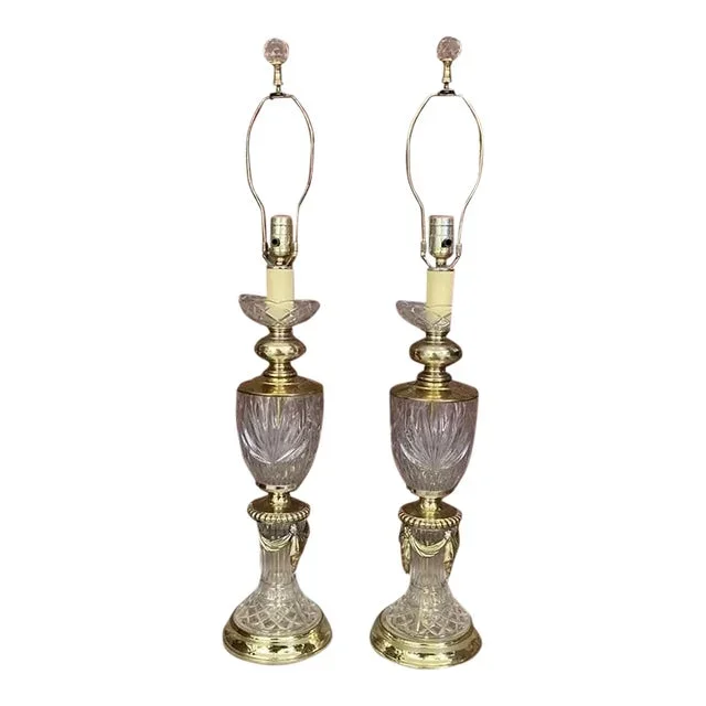 1990s Pair of Gold Tone Hollywood Regency Metal & Cut Glass Large Table Lamps