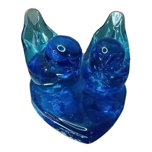 1990s Signed Leo Ward Dual Blue Birds of Happiness on Heart Pedestal