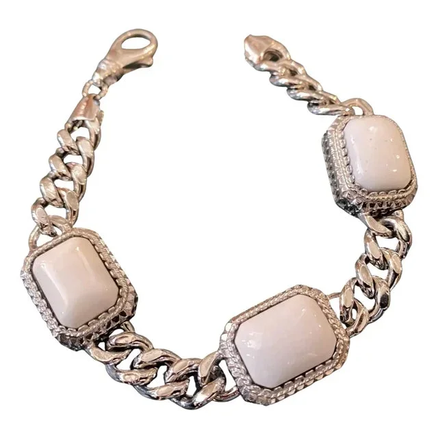 1990s Sterling Silver and White Agate Italian Bracelet by Anomis