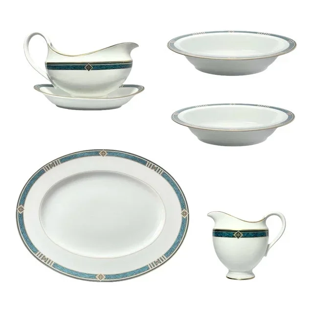 1990s Wedgwood “Kenyon” 5-Piece Porcelain Dinnerware Serving Hostess Set