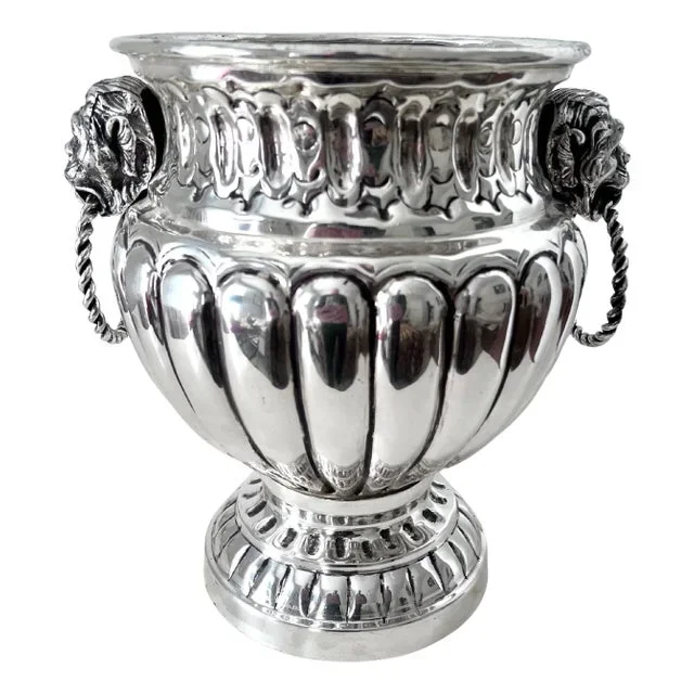 19th C .Dutch Silver Plate Ribbed Repoussé Champagne Ice Bucket with Lion Handle