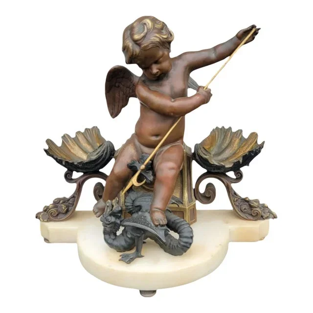 19th C French Bronze Cherub Sculpture on Marble Base – Dragon & Shell Motif