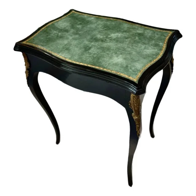 19th C. French Regency Black Lacquered Accent Table With Tooled Leather Top