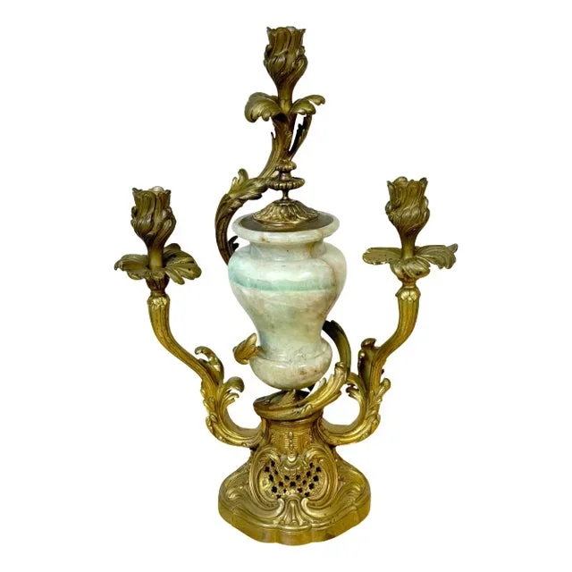 19th C. Louis XVI Style Ormolu 3 -Light Candelabra with Green Rock Crystal Urn