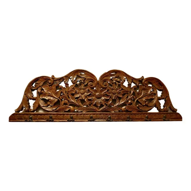 19th Century Carved Teak Wall Hanging Coat Rack, 1900s
