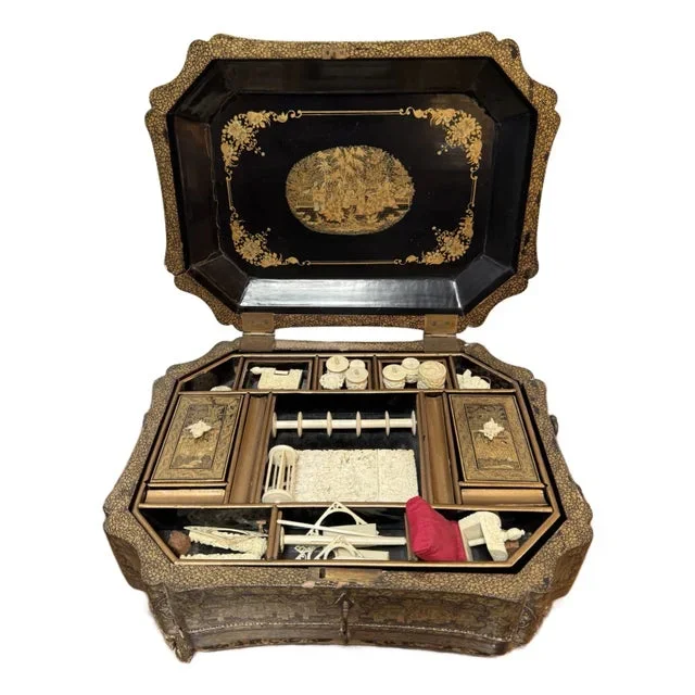 19th Century Chinese Lacquered Hand Sewing Box