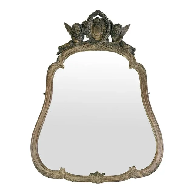 19th Century French Carved Mirror W/ Cherub Crest Top