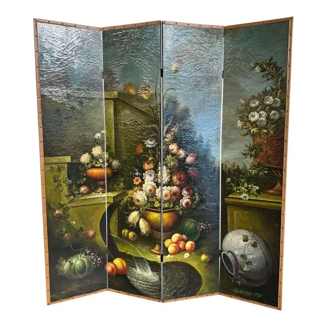 19th Century French Hand Painted Four-Panel Folding Screen With Leather Trim