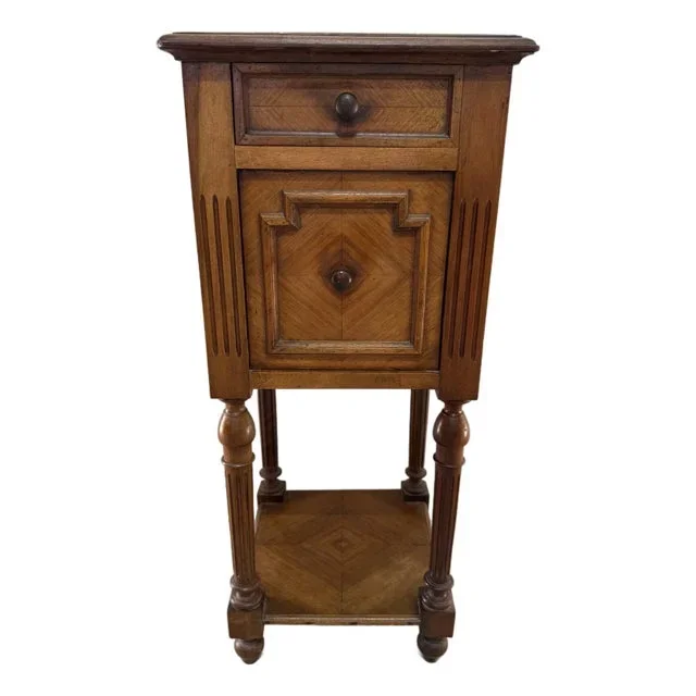 19th Century French Louis XIII Walnut Nightstand or Side Table Marble Top.