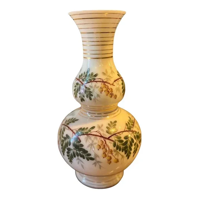 19th Century French Opaline Vase With Foliage and Berries