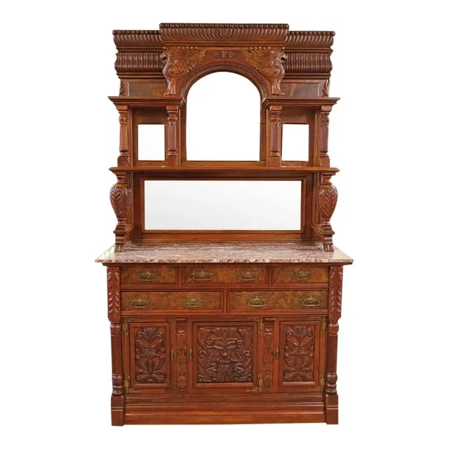19th Century Griffin Eastlake Burl Walnut Marble Top Buffet Sideboard