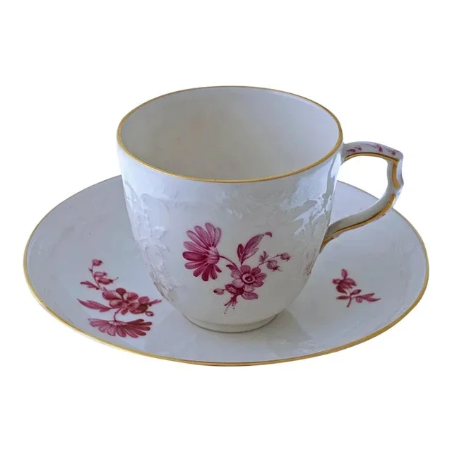 19th Century KPM Berlin Porcelain Demitasse Cup and Saucer Puce Floral Design Reliefzierat