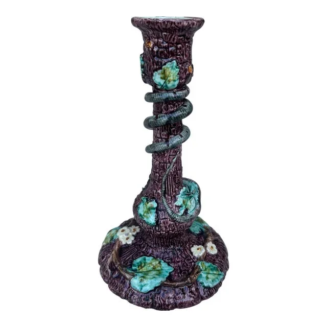 19th Century Majolica Palissy Snake & Lizard Candelstick Thomas Sergent