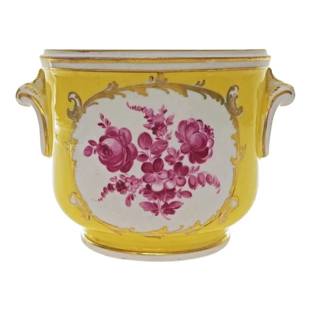 19th Century Neoclassic Cachepot Gilded Handles Sevres Style Porcelain Flowerpot Yellow Puce Planter, Signed