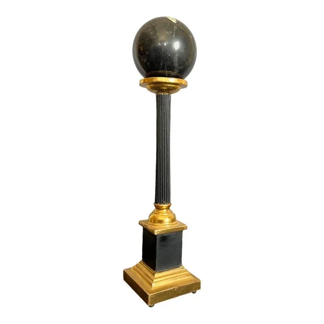 19th Century Neoclassical Giltwood and Ebony Fluted Column With Large Marble Sphere