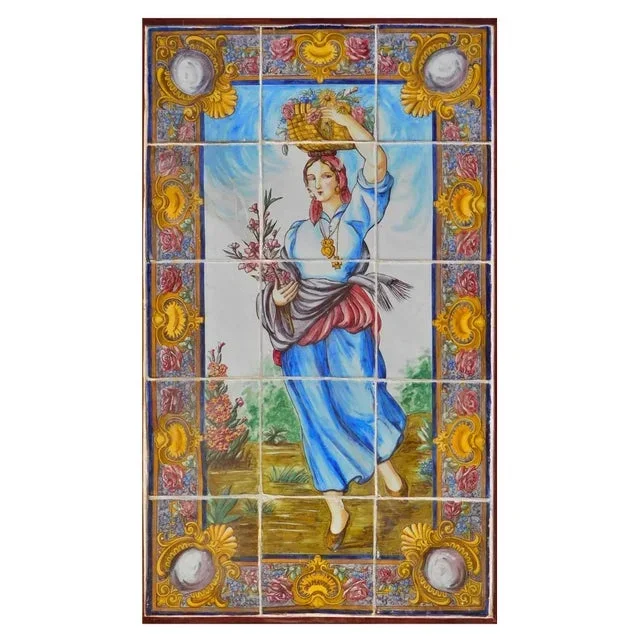 19th Century Portuguese Tiles Panel with Spring Time Decor, Set of 15