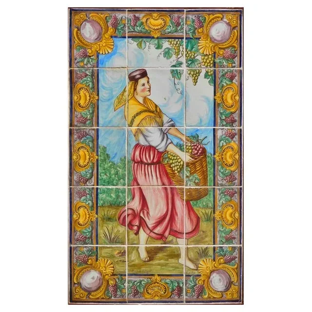 19th Century Portuguese Tiles Panel with Summer Decor, Set of 15