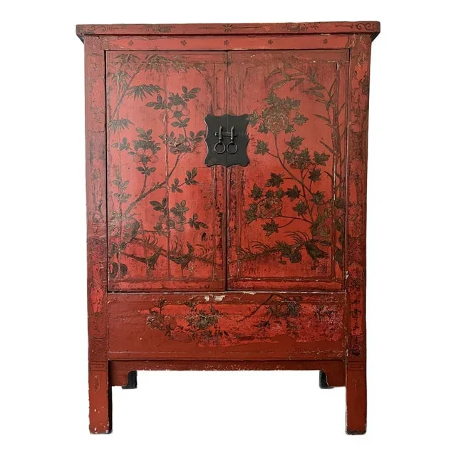 19th Century Red Lacquered Chinese Wedding Cabinet Armoire